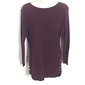 Michael Kors Burgundy Pullover Sweater with 4 Gold Buttons on Sides, Size Small